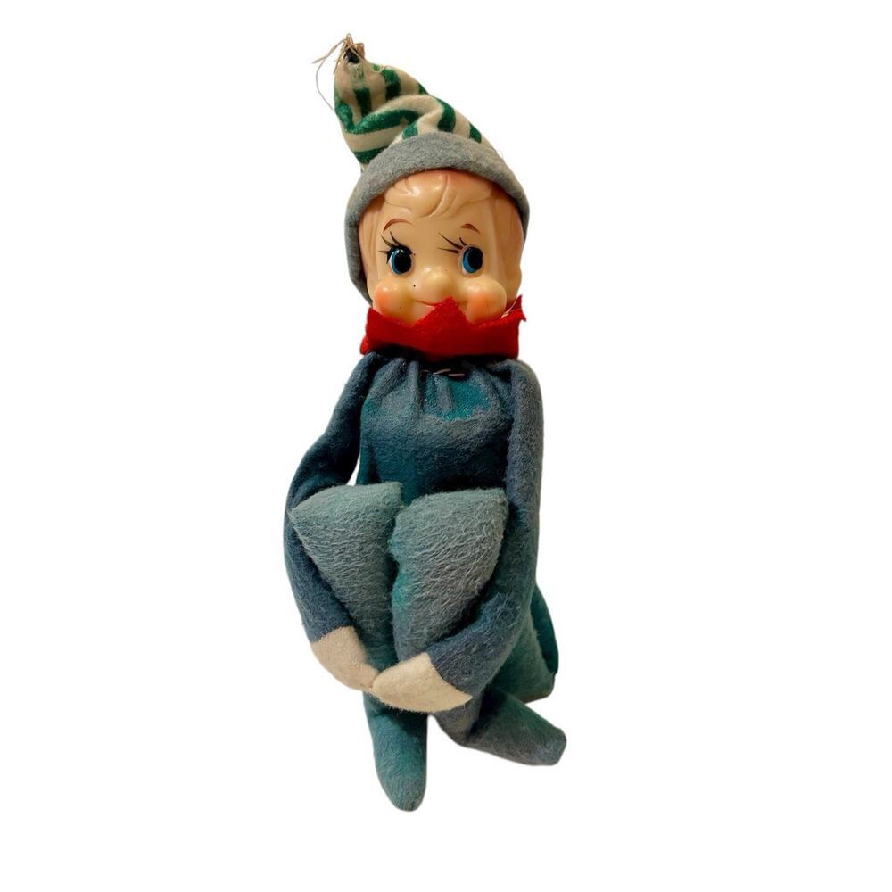 Vintage 7” Japan Knee Hugger Elf w/ Green Striped Hat And Jingle Bell